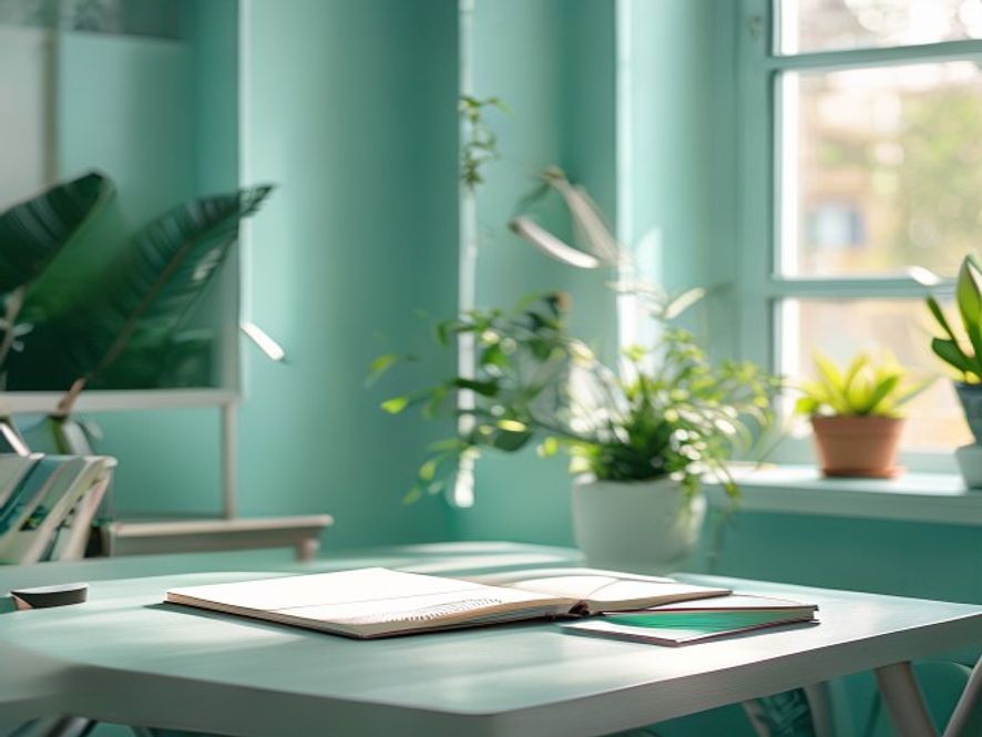 Person taking a focused pause at a calm desk during a work break