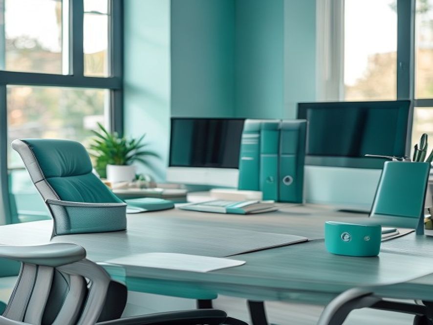 Calm office workspace with natural light and team members engaged in focused work